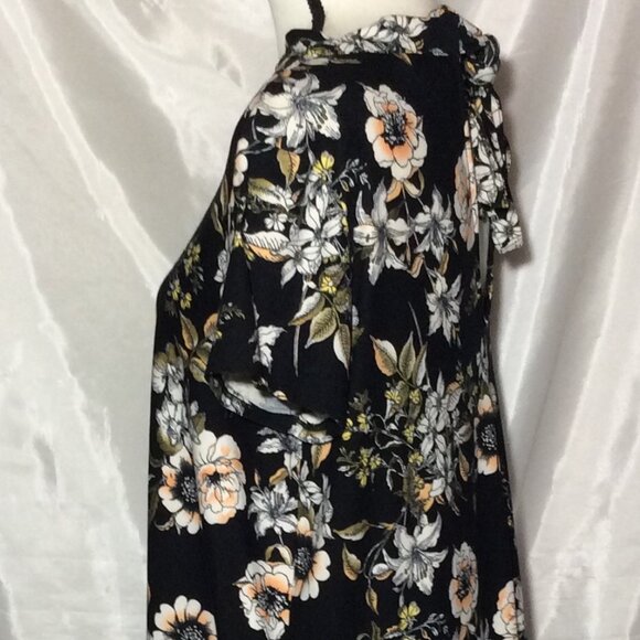 Sauci Women Black Floral Multi- Color Flare Dress Size L Short Sleeve Pullover - Picture 5 of 9